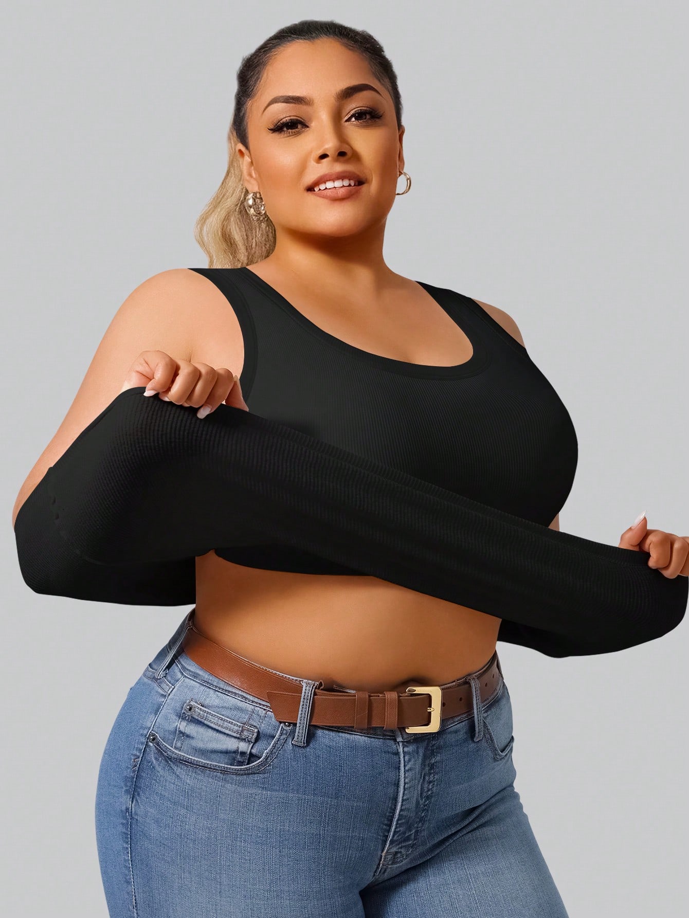 Crop Top Crochet - Plus Size Women's High Stretch Ribbed